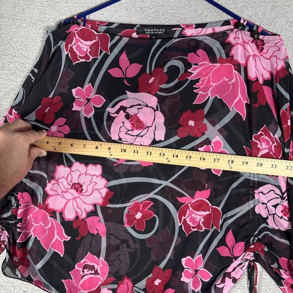 Rampage Blouse Women’s Size M Sheer Pink Red Rose AOP Tie Flutter Sleeve Kaftan - Picture 12 of 15